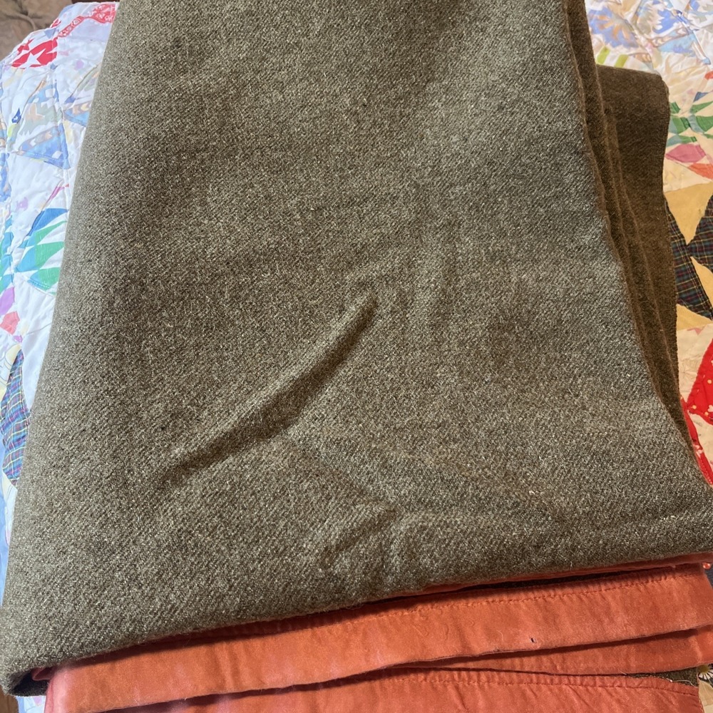 Wool Blanket In Olive Drab Wool Vintage Army Green Satin Lining 76" X 57"